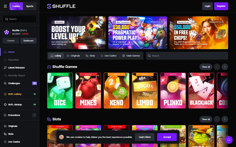 The front page of shuffle.com